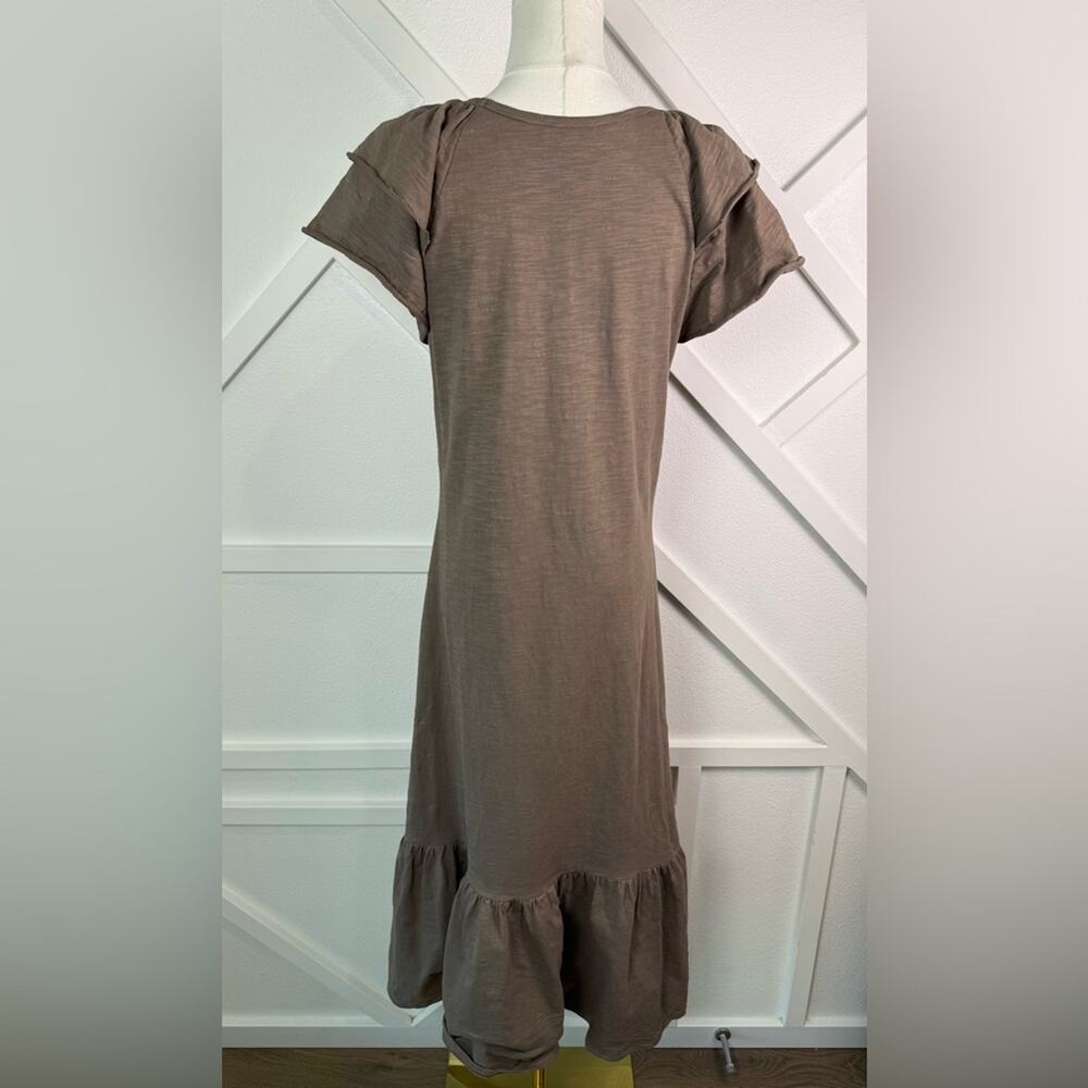 S’Edge Ruffle V-Neck Cotton Midi Dress Brown Taupe Soft Knit Tiered Hem Size M - Picture 6 of 11